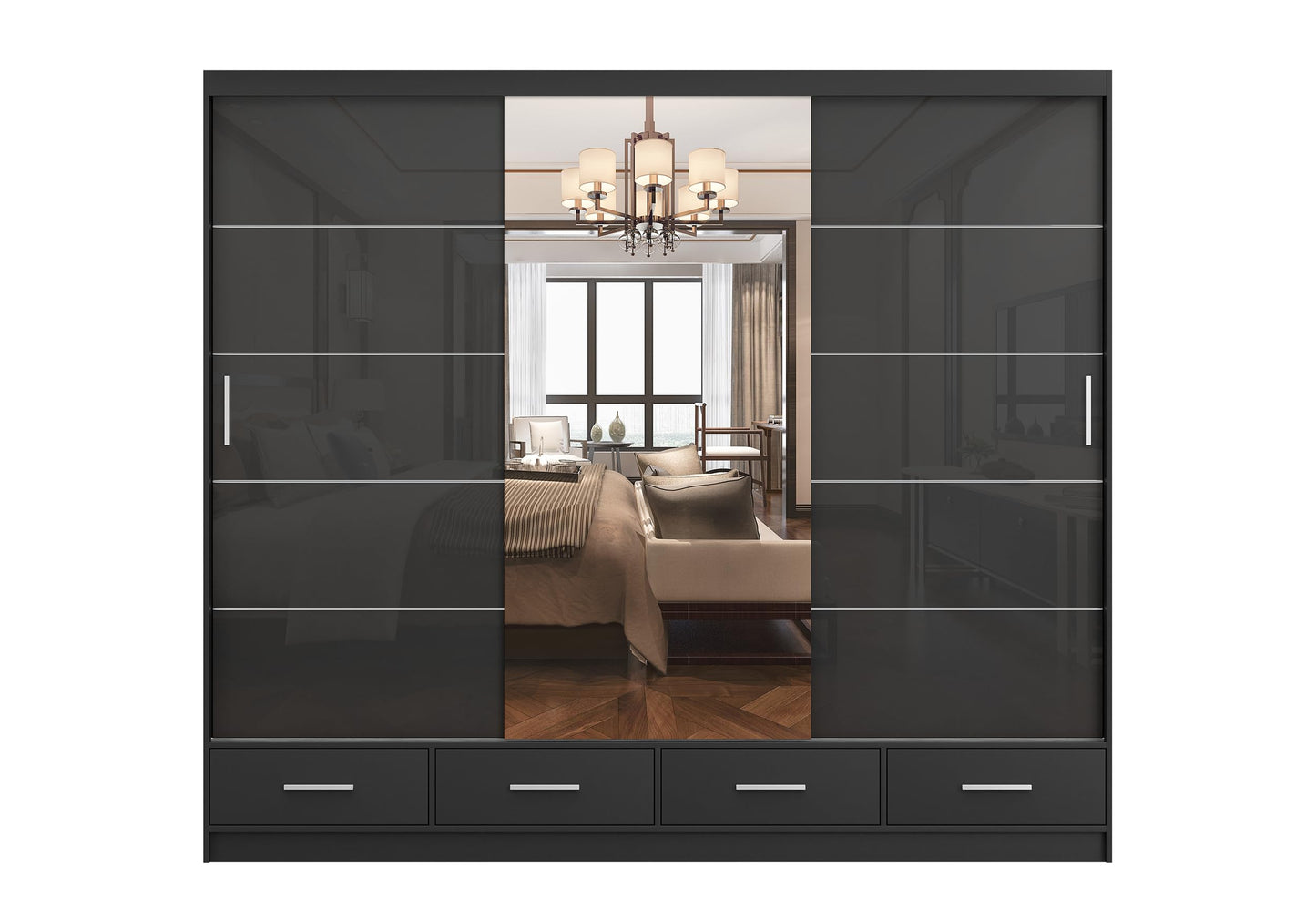 Fabryka Mebli Idźczak Kleiderschrank mit Spiegel weiß - Schwebetürenschrank - Schlafzimmerschrank - 61 x 250 x 218 cm - Wohnzimmerschrank - Garderobenschrank, Schrank mit 2 Türen, 4 Schubladen