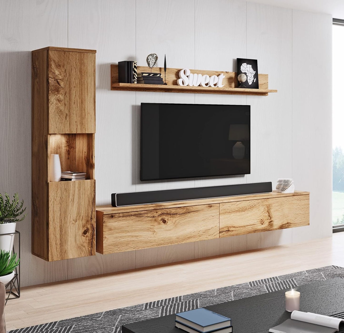 MINIO go for it - Parma XL Wall Unit, 4-Piece Set, with LED Lighting, Hanging or Standing, 2 x Highboard, Lowboard, Wall Board, Laminated Chipboard, Colour: Wotan Oak