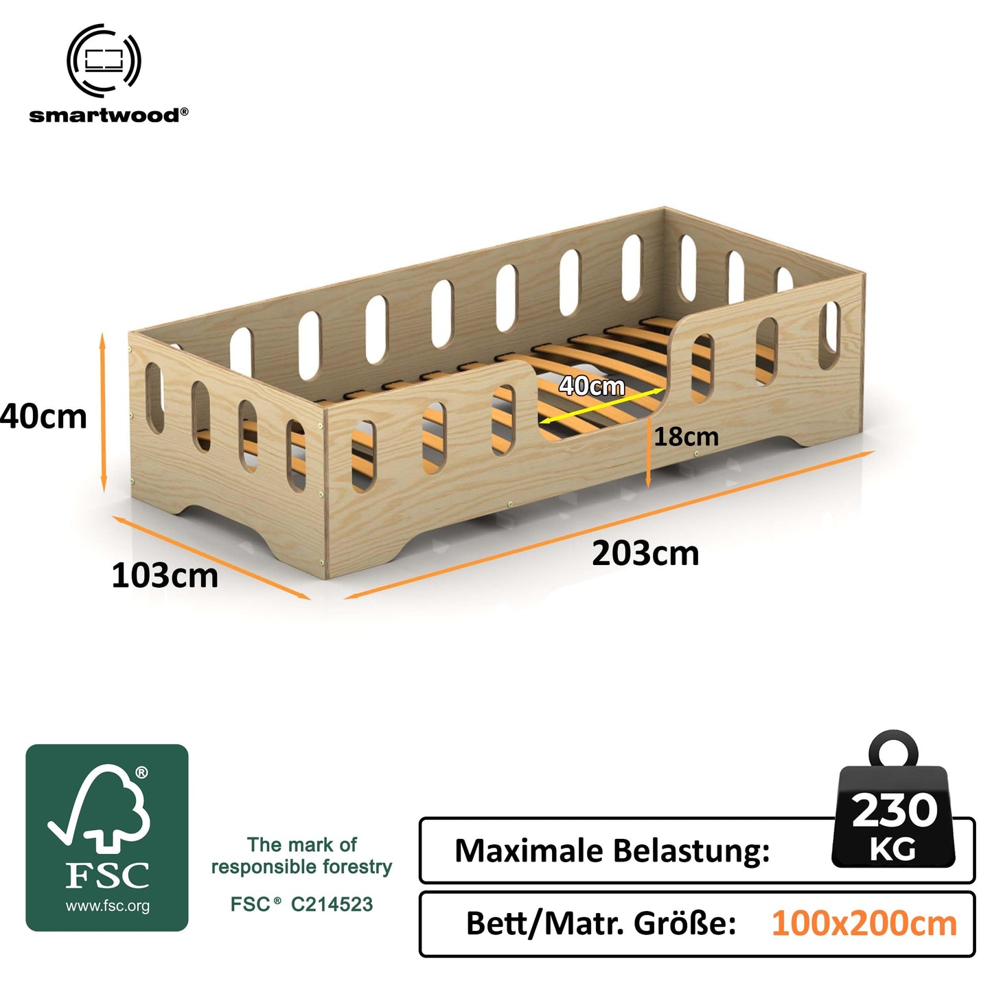 smartwood Montessori Wooden Floor Bed 60 x 120 cm Grey with FSC Certificate TILA 2 with Fall Protection and Slatted Frame Maximum Load 230 kg Easy Assembly