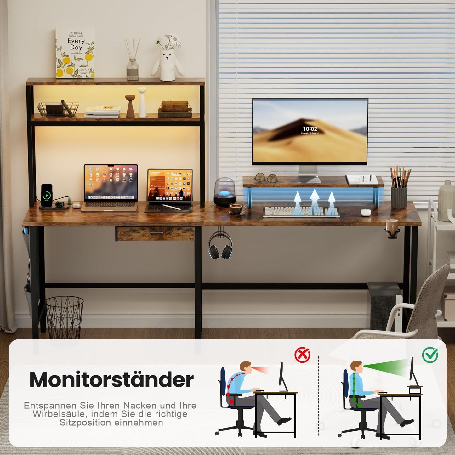 HLONONE Gaming Table with LED, 150 x 100 cm Gaming Desk, L Shape with 3 Sockets and 2 USB, Reversible Corner Desk, PC Corner Table, Computer Desk with Monitor Stand and Countertop Shelf, Black