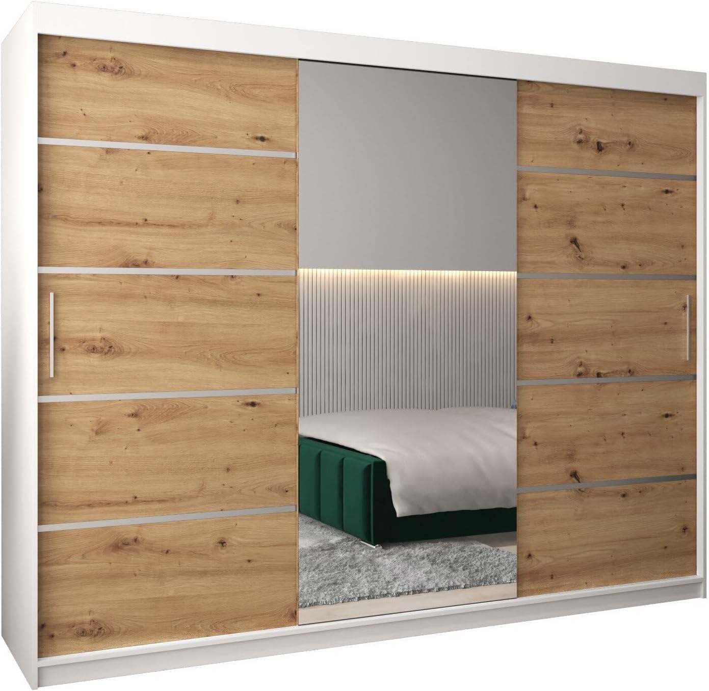 MEBLE KRYSPOL Kleiderschrank mit Spiegel Verona 2 - Garderobenschrank - Schrank Schlafzimmer - Mehrzweckschrank DREI Schiebetüren - Regalen - Flur Möbel - Kleiderstange Schrank - Allzweckschrank