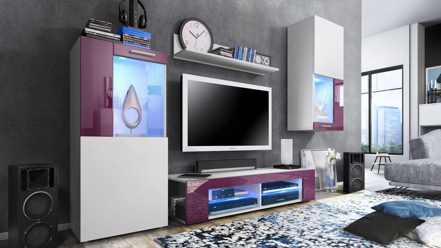 Vladon Wohnwand Movie, Anbauwand bestehend aus 1 TV-Board, 2 Vitrinen und 1 Regal, Weiß matt/Weiß matt/Weiß Hochglanz (Gesamt: 300 x 190 x 39 cm)