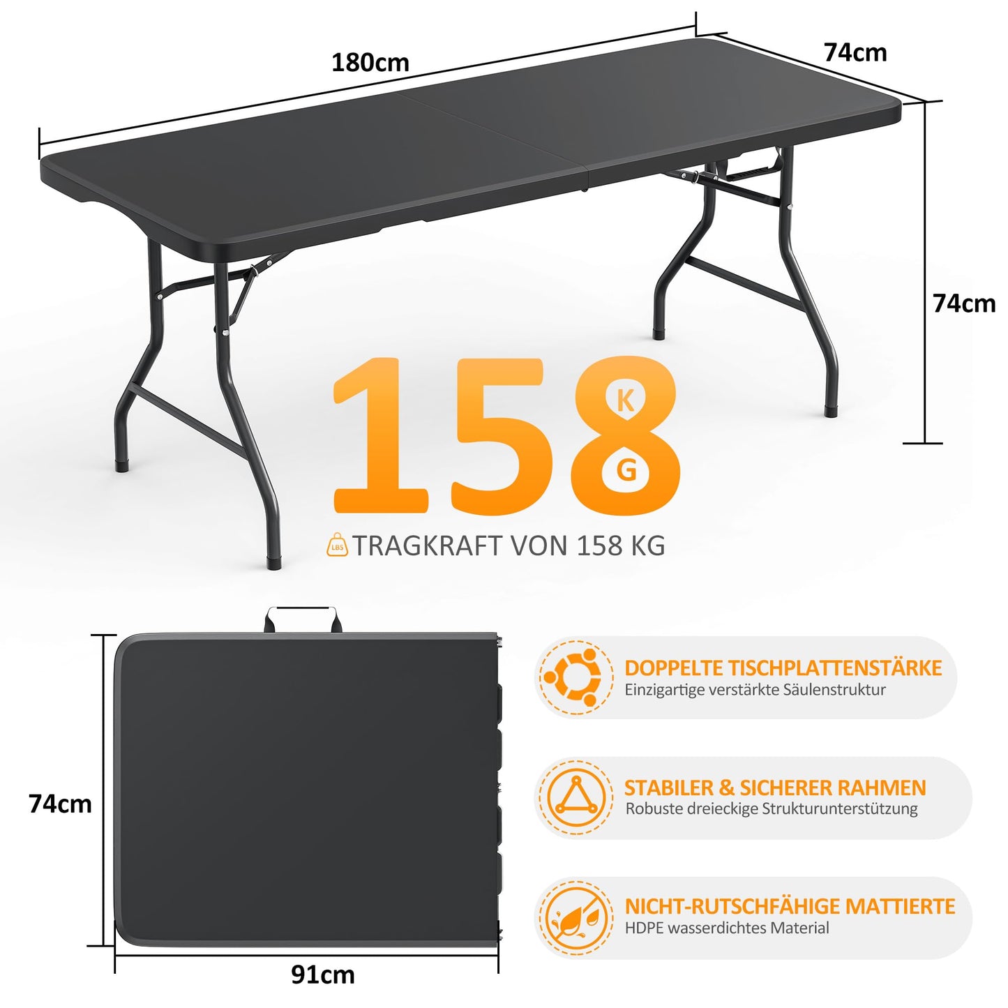 Asdsed Campingtisch 180x74 cm, Klappbar Gartentisch Buffettisch Wetterfest Tragbar Kunststoff Stabil Garten Klapptisch Partytisch Picknicktische Balkontisch