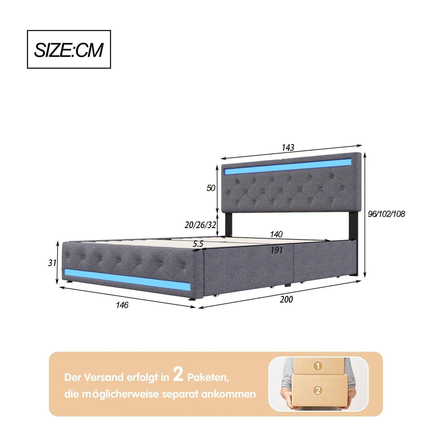 KeepGoon Doppelbett 140 x 200 cm,Polsterbett mit LED-Leuchten, 4 Eisenschubladen und einem USB Ladeanschluss,Stauraumbetten Bettgestell,Leinenstoff (Beige)