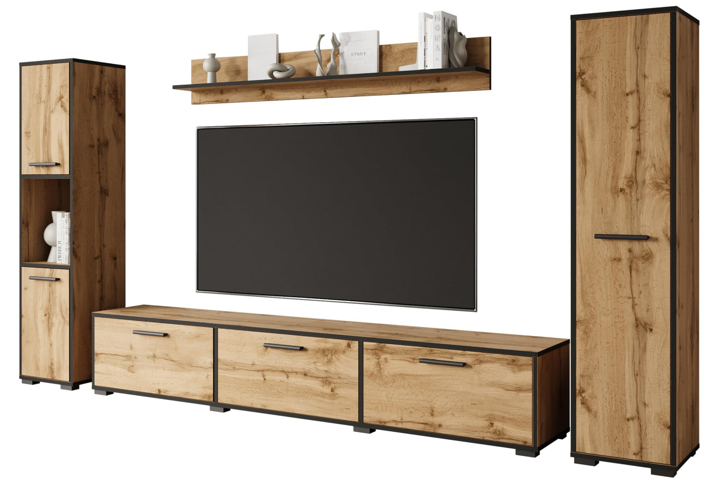 MINIO go for it - Living Room Wall Unit 4-Piece Toga, Living Room Furniture Set, 1x TV Lowboard, 2x Tall Cabinet, 1x Wall Board, Living Room Furniture Complete, Living Room Set - Colour Wotan Oak