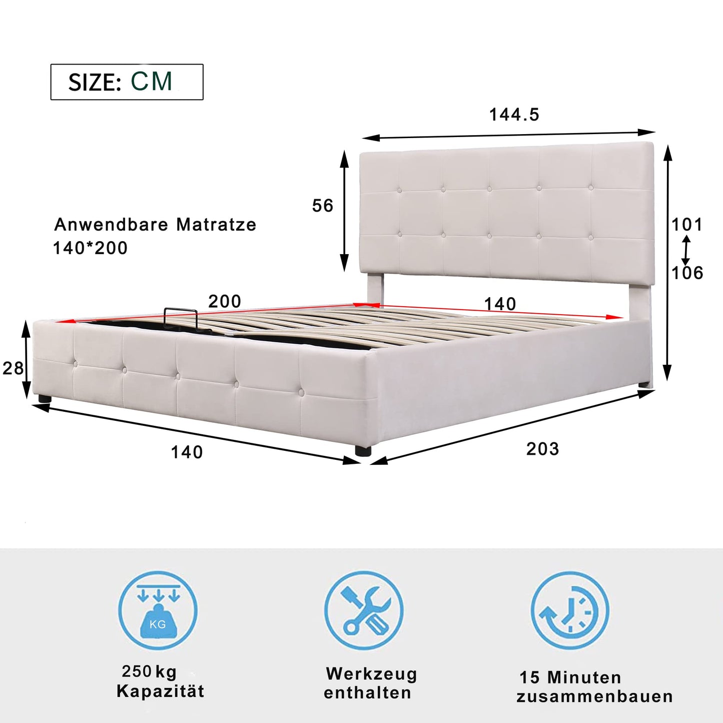 Gegtuon Upholstered Bed 140 x 200 cm, Double Bed with Headboard, Storage Bed Youth Bed with Hydraulic Storage Space Underbed, Functional Bed, Guest Bed, Bed Frame, Slatted Frame, Without Mattress,