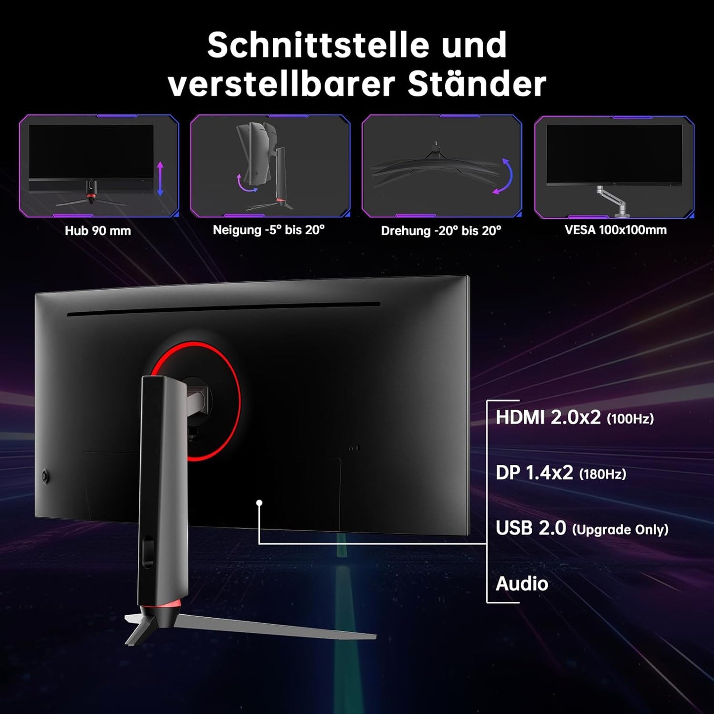 KTC 32 Zoll Monitor Curved 1000R, 2K WQHD (2560x1440p) 240Hz Gaming Monitor, 1ms, Adaptive Sync, 122% sRGB, 4000:1 Kontrast, 2 x DP 1.4 (240Hz), 2 x HDMI 2.0 (144Hz), Unterstützung von Tilt und VESA