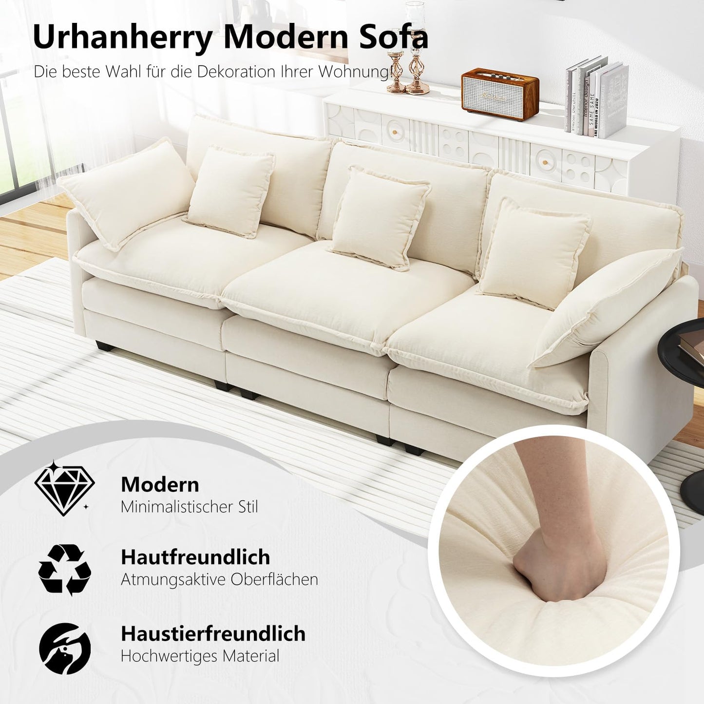 Urhanherry U-Shape Cloud Sofa, Modular Sectional Sofa, 6-Seater with 2 Ottomans, Modern Sofa with Decorative Cushions/Armrests, Breathable Chenille Fabric, U Sofa Couch for Living Room, Beige