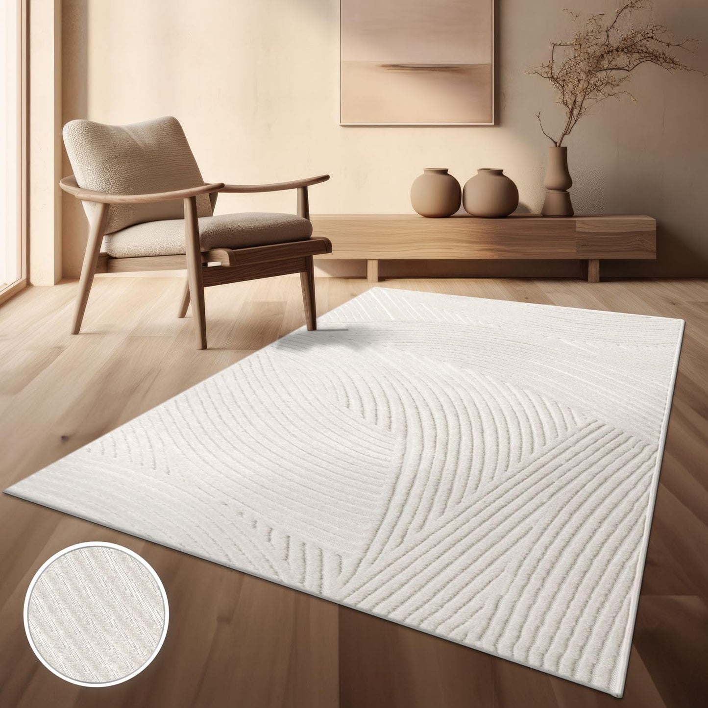 TT Home Indoor and Outdoor Rug Weatherproof Balcony Bedroom Boho Skandi Motif Plain Colours Colour: Cream 3, Size: 60 x 100 cm