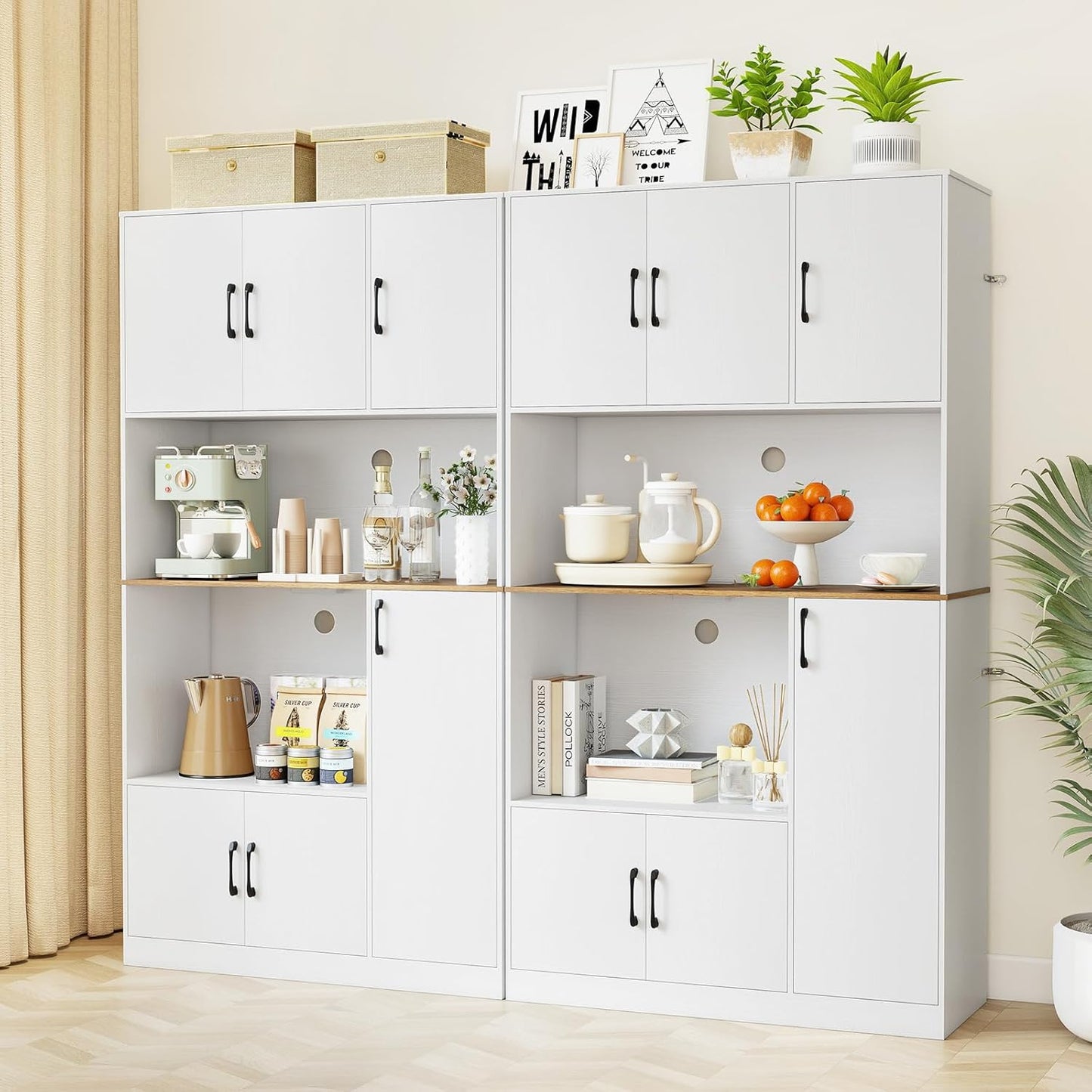 COSTWAY Wooden Kitchen Cabinet, Buffet Cabinet with Socket, Tall Cabinet with Doors & Worktop, Storage Cabinet for Kitchen & Living Room, 100 x 40 x 180 cm (White)