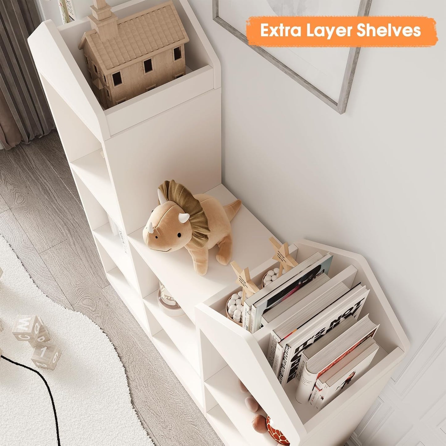 Garvee Kinder Bücherregal mit Lese Breite Kinder Bücherregal 6-Cubby Spielzeug Aufbewahrung Organizer Sitzkissen Holz Aufbewahrungsbank Spielhaus Schrank Kinderzimmer, Spielzimmer Weiß 121x30x107cm