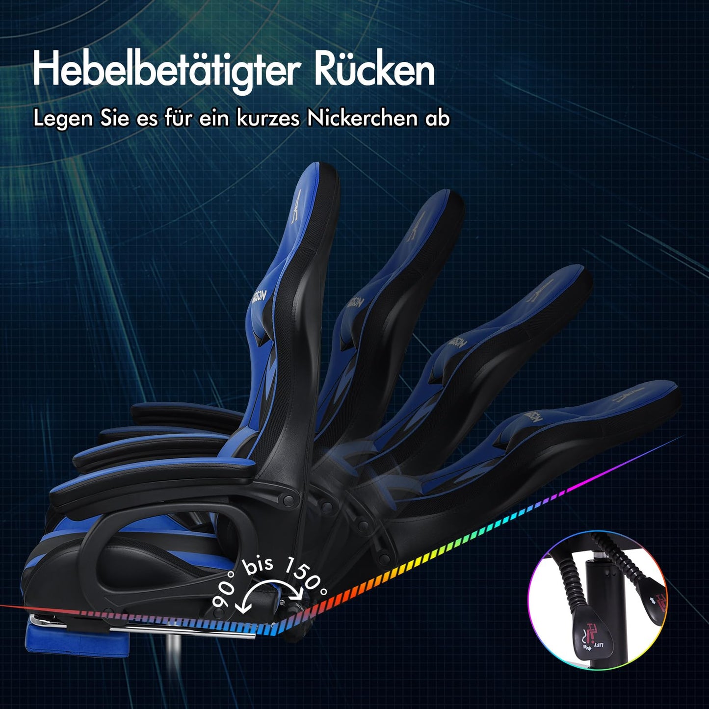 ALFORDSON Gaming Stuhl mit 8-Punkt Massage 12 Farben RGB LED-Licht, Bürostuhl Ergonomisch mit fußstützen, Kopfstütze Lendenkissen für Kinder Erwachsene, Schwarz