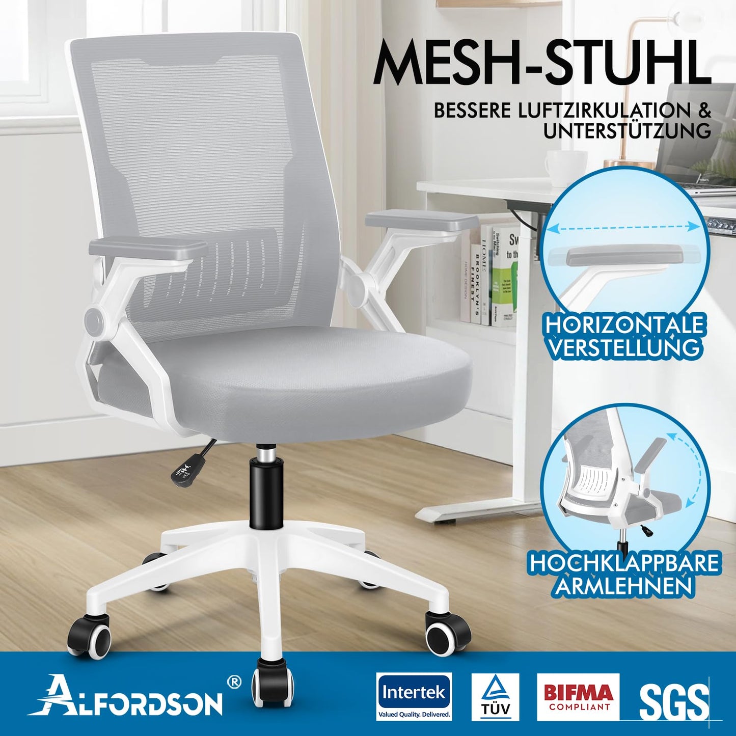 ALFORDSON Bürostuhl, Lendenstütze, Atmungsaktives Netz und Stoff, Hochklappbare/Verstellbare Armlehnen, Hochwertiger Schaumstoff, 180kg für Zuhause & Gaming, Wale, Schwarz