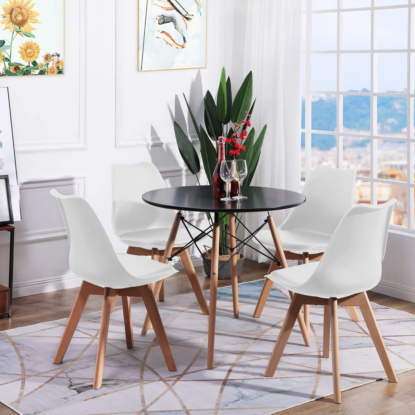 FURNITABLE Round Dining Room Table with 4 White Chairs Dining Room Set for Dining Room Kitchen Living Room