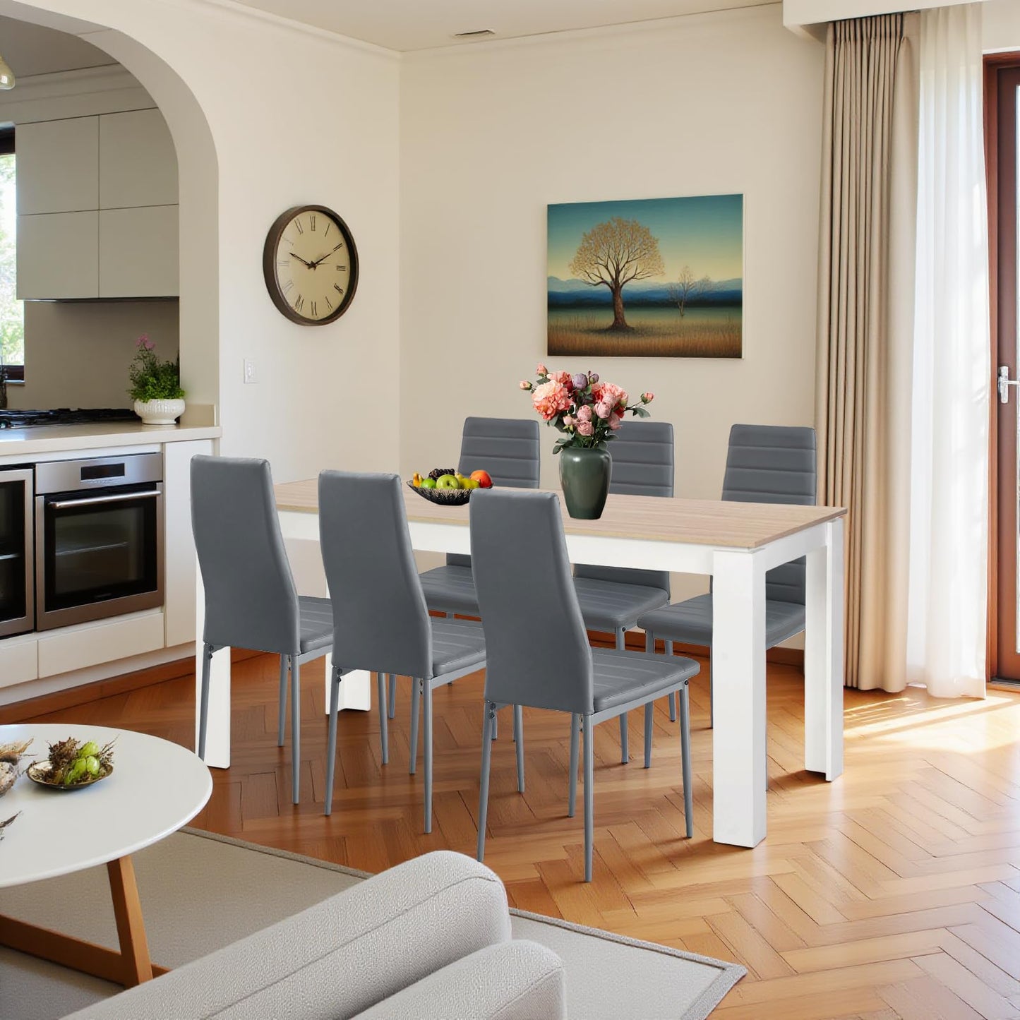 FURNITABLE Esstisch mit 6 Stühlen Esszimmergruppe, Essgruppe mit Hochlehner Kunstleder Stuhl für 6 Personen, Sitzgruppe für Küche Wohnzimmer(160cm Eiche-Weiß Tischbein Tisch+6 Schwarz Stühle)