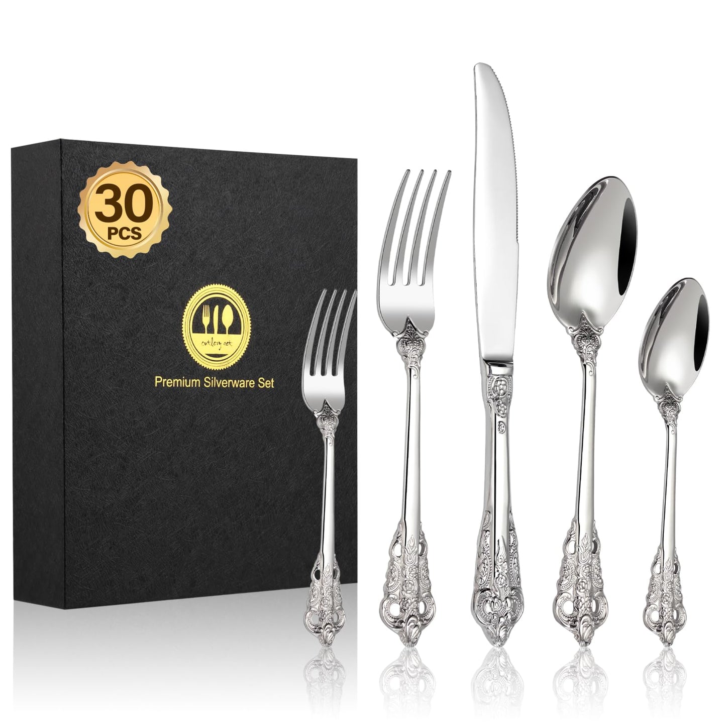 BEWOS Besteckset für 6 Personen, 30-teiliges Besteckset aus Edelstahl, Besteckset aus Silber, inklusive Messer, Gabeln und Löffel, hochglanzpoliert und spülmaschinenfest
