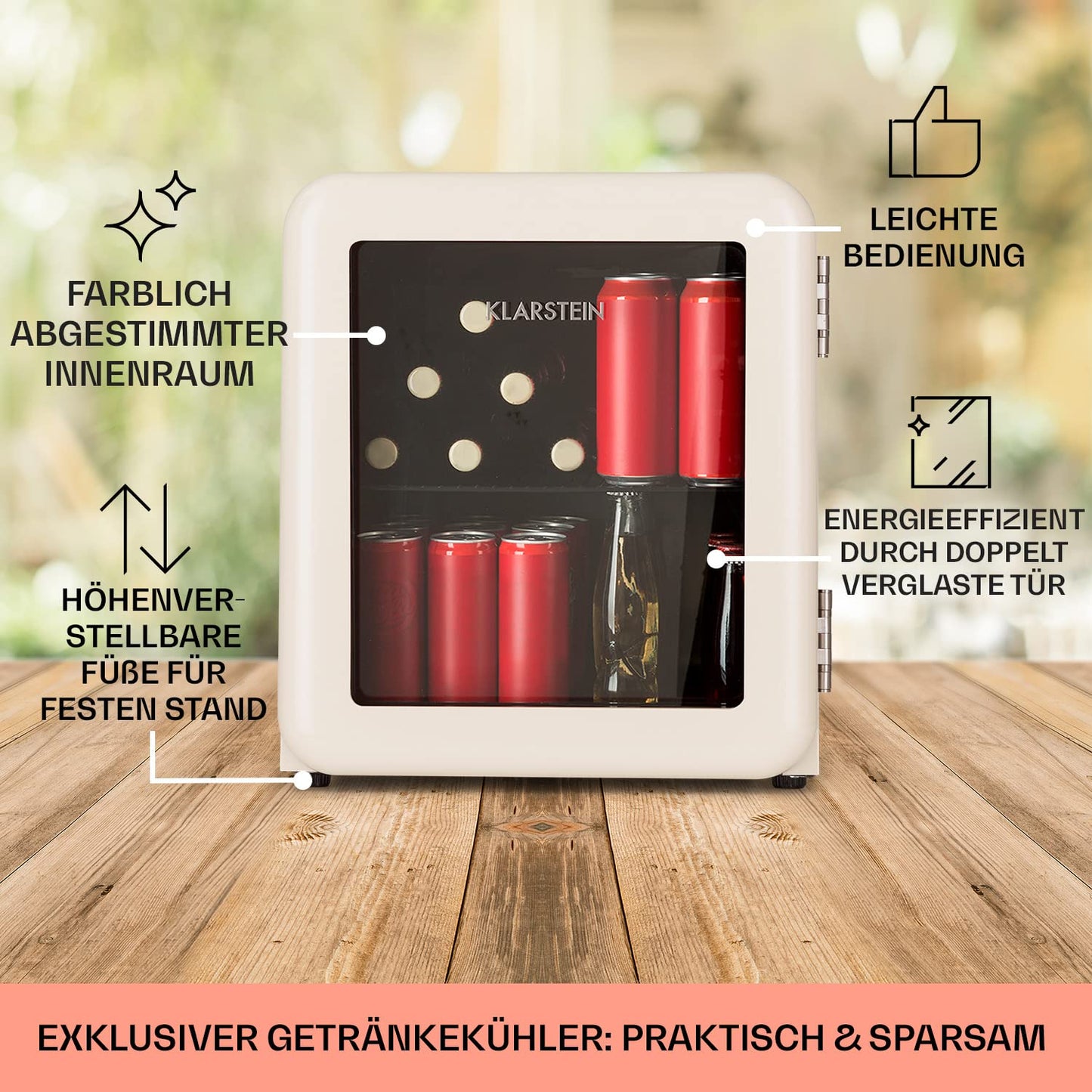 Klarstein PopLife Getränkekühler - Mini-Bar, Retrokühlschrank, 0-10°C, nur 39 dB, 115 L, umweltfreundlich, doppelt verglaste Tür, Retro-Design, rot