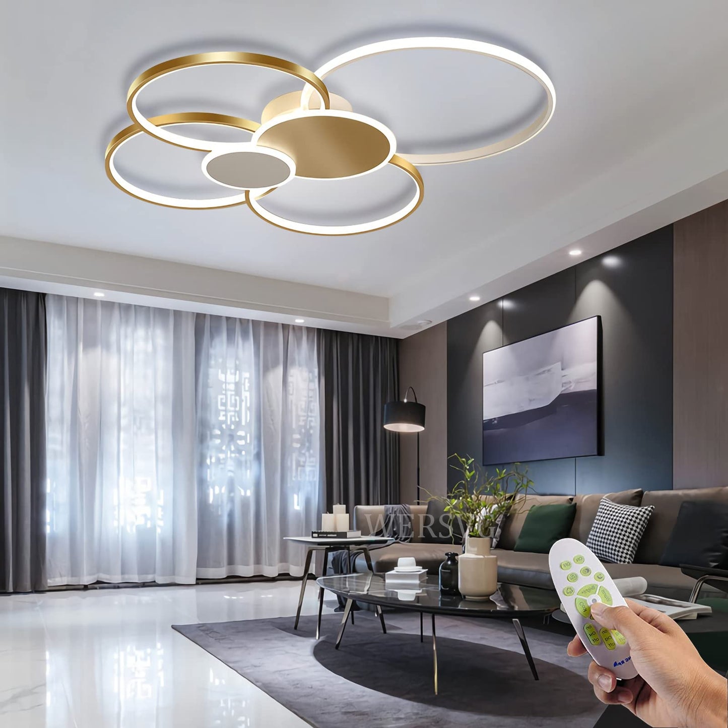 WERSVG L80cm Modern LED Deckenleuchte Wohnzimmer Deckenlampe gold 6-Ring Deckenleuchte 70W 5600LM Dimmbar 3500K - 6500KMit Fernbedienung flurlampe decke, für Wohnzimmer Schlafzimmer Küche Esszimmer