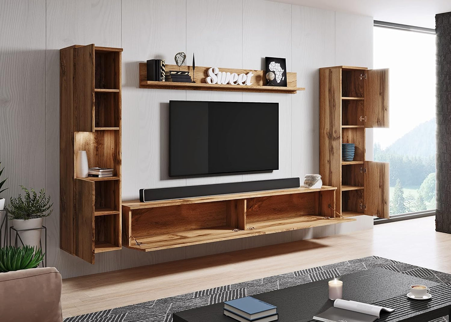 MINIO go for it - Parma XL Wall Unit, 4-Piece Set, with LED Lighting, Hanging or Standing, 2 x Highboard, Lowboard, Wall Board, Laminated Chipboard, Colour: Wotan Oak