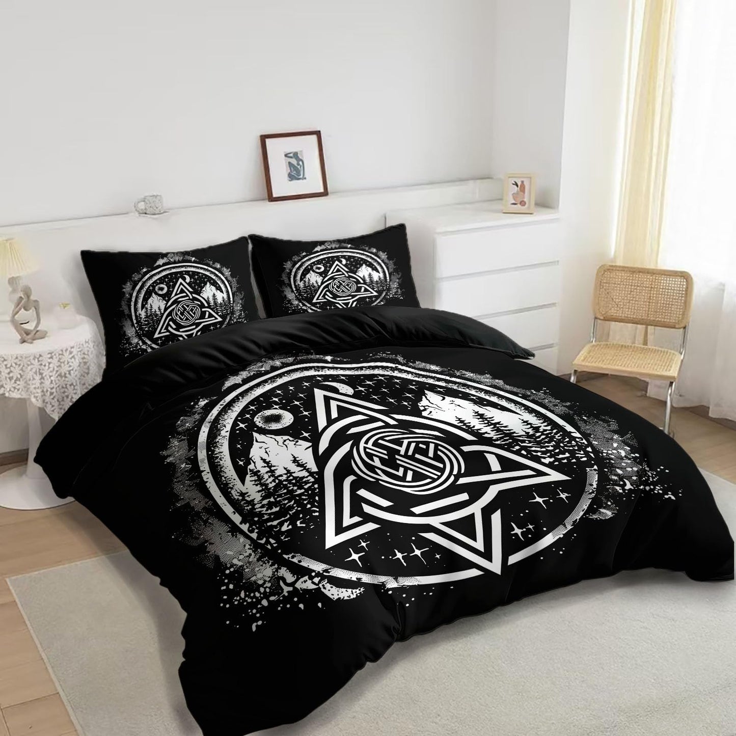 Bed Linen 135 x 200 cm Halloween Moon Black Cat Grey 3D Printed Duvet Cover Easy Care 3-Piece Bedding Set Polyester Cotton with Zip and 2 Pillowcases