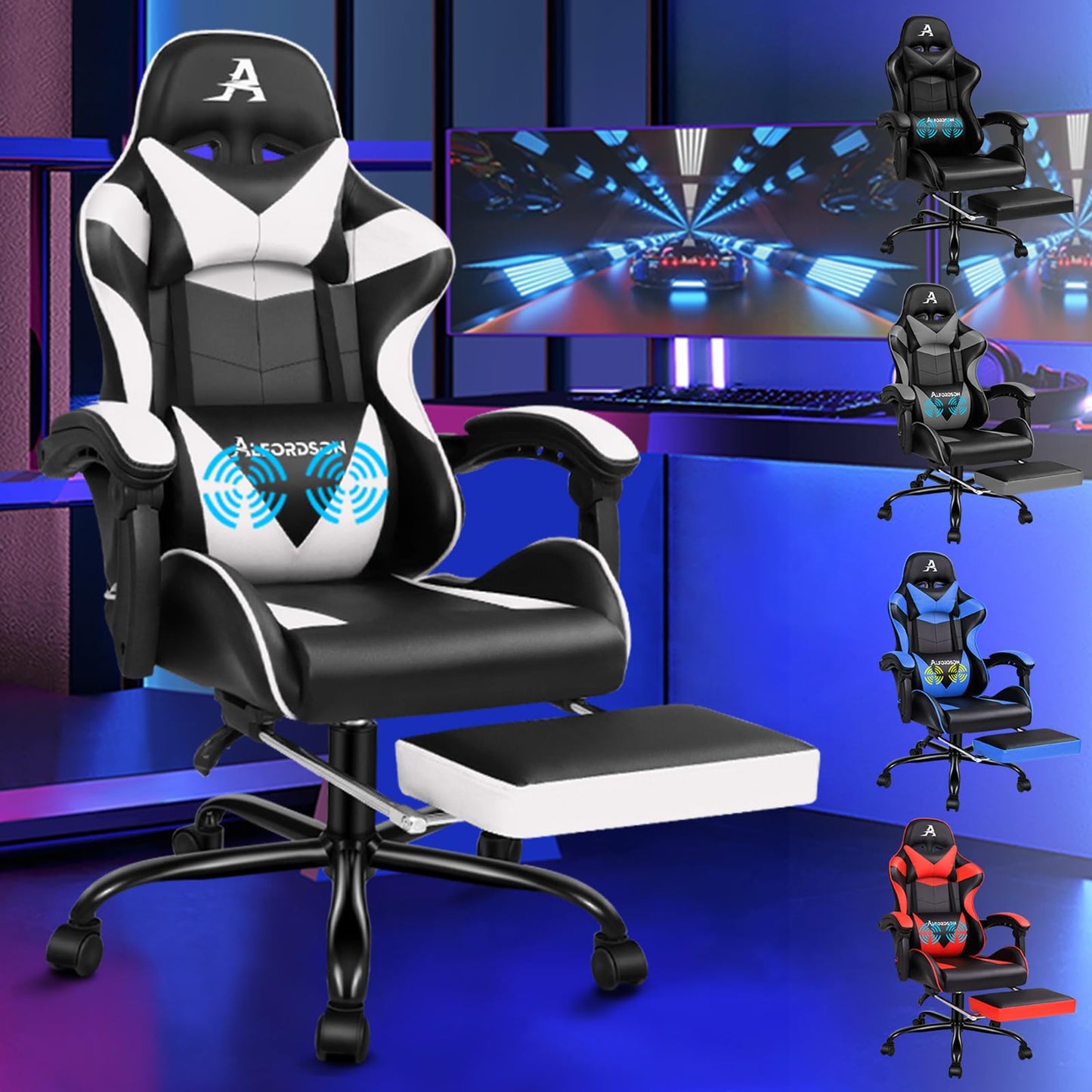 ALFORDSON Videospielstuhl, ergonomischer Bürostuhl, Massage-Rennstuhl, einziehbare Fußstütze, PU-Leder, höhenverstellbar und neigbar, 180 kg Tragkraft, Schwarz
