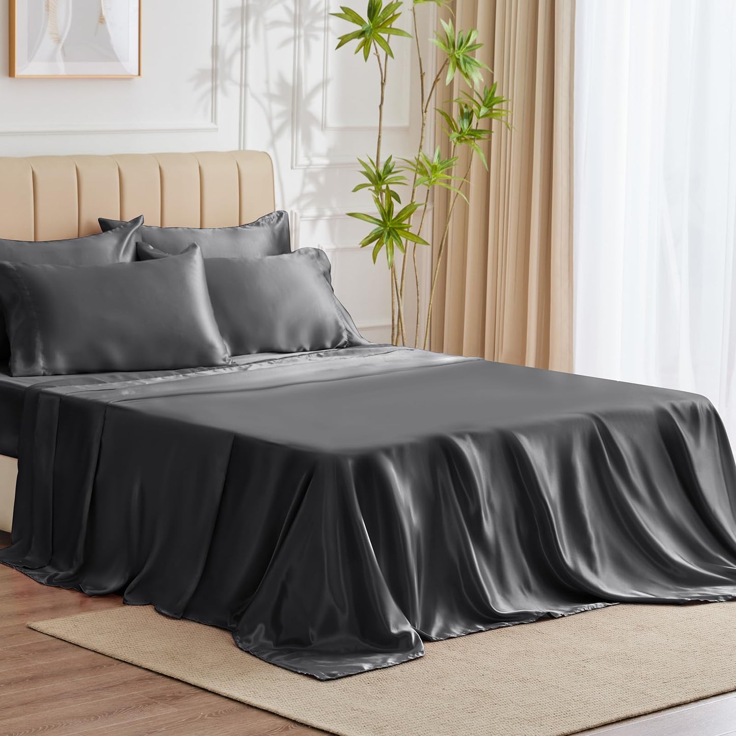 CozyLux Satin Sheets Queen Size - 4 Piece Black Bed Sheet Set with Silky Microfiber, 1 Deep Pocket Fitted Sheet, 1 Flat Sheet, and 2 Pillowcases - Smooth and Soft