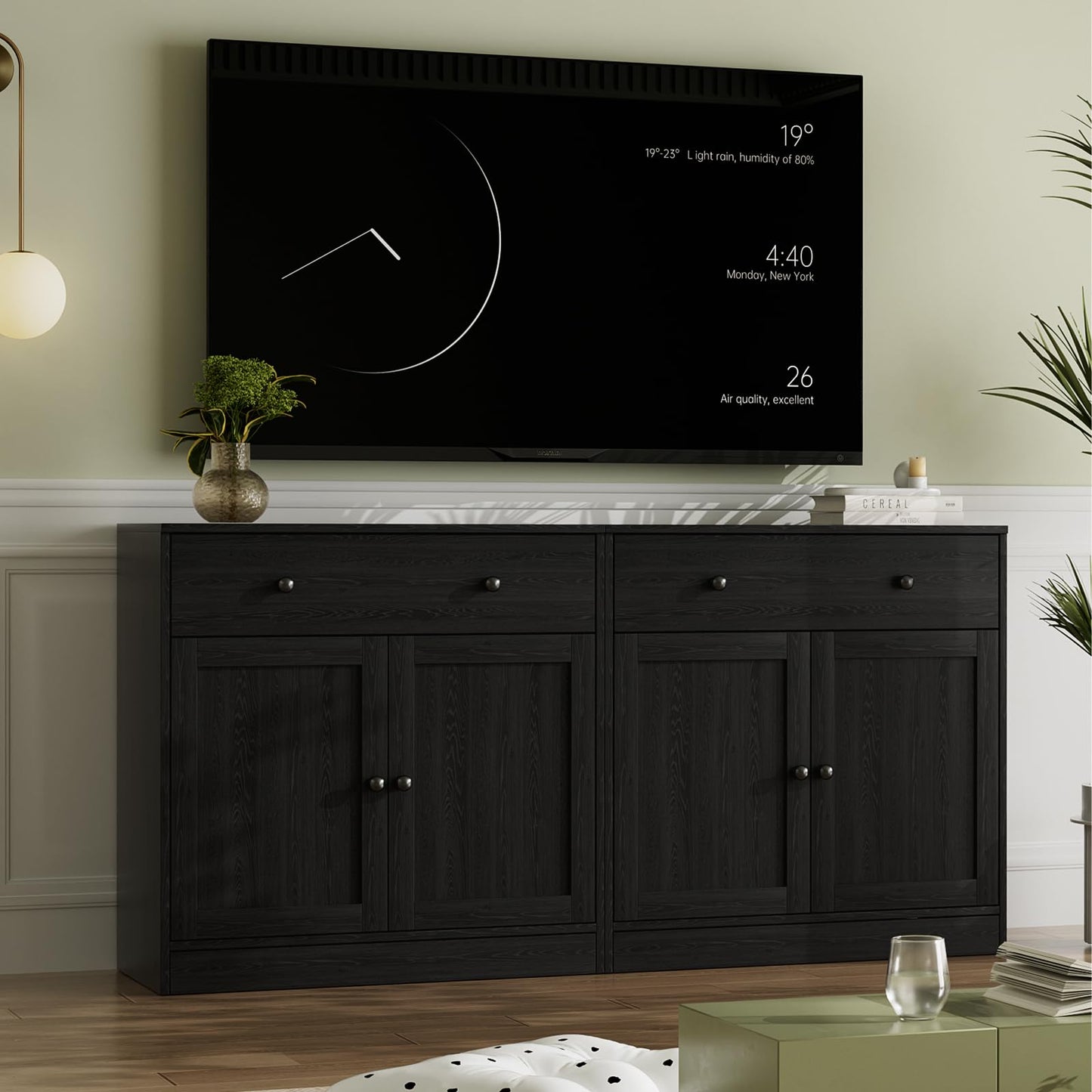 VOWNER 4PSC Large TV Cabinet with Bookshelves for TVs up to 75 Inches, 280 cm Long TV Stand with Tempered Glass Doors and Shelves, TV Cabinet for Living Room, Black (2B+2C)