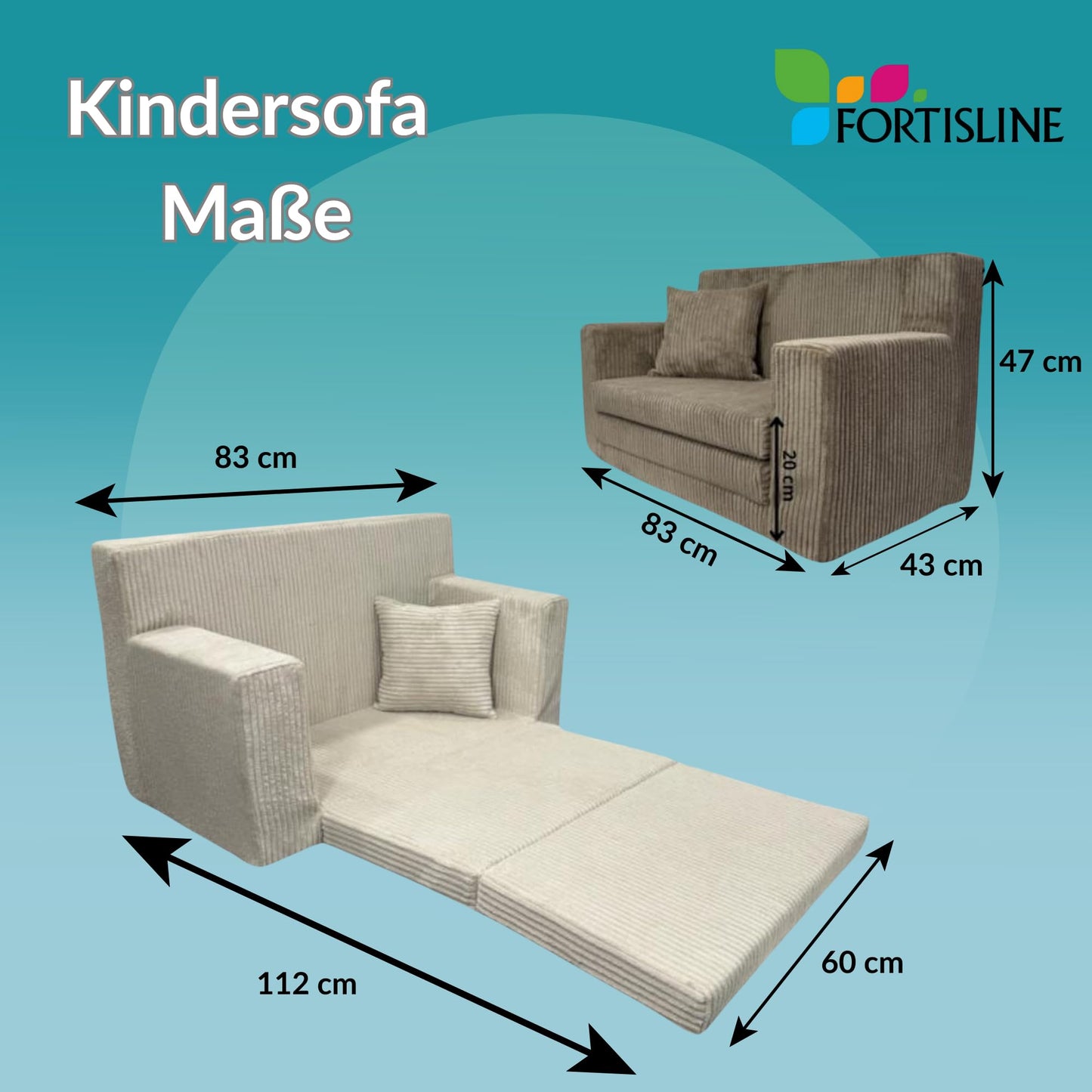 FORTISLINE - Kindersofa ausklappbar 83x47x43cm Oeko-TEX - Spielesofa für Kinder 2in1 - Kindercouch Aufklappen Bettfunktion - Schlafcouch aus Schaumstoff - Kuschel-Cord - Viele Muster (Grau)