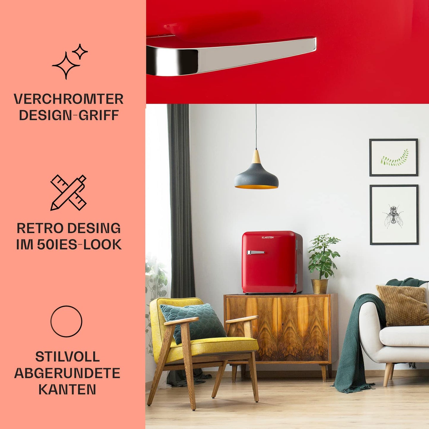 Klarstein Kühlschrank, Mini-Kühlschrank für Getränke, Kühlschrank Klein, Kleiner Kühlschrank Lautlos, Skincare Fridge, Vintage Design, Camping Kühlschrank, Minikühlschrank für Zimmer, 0-10°C, 70 L