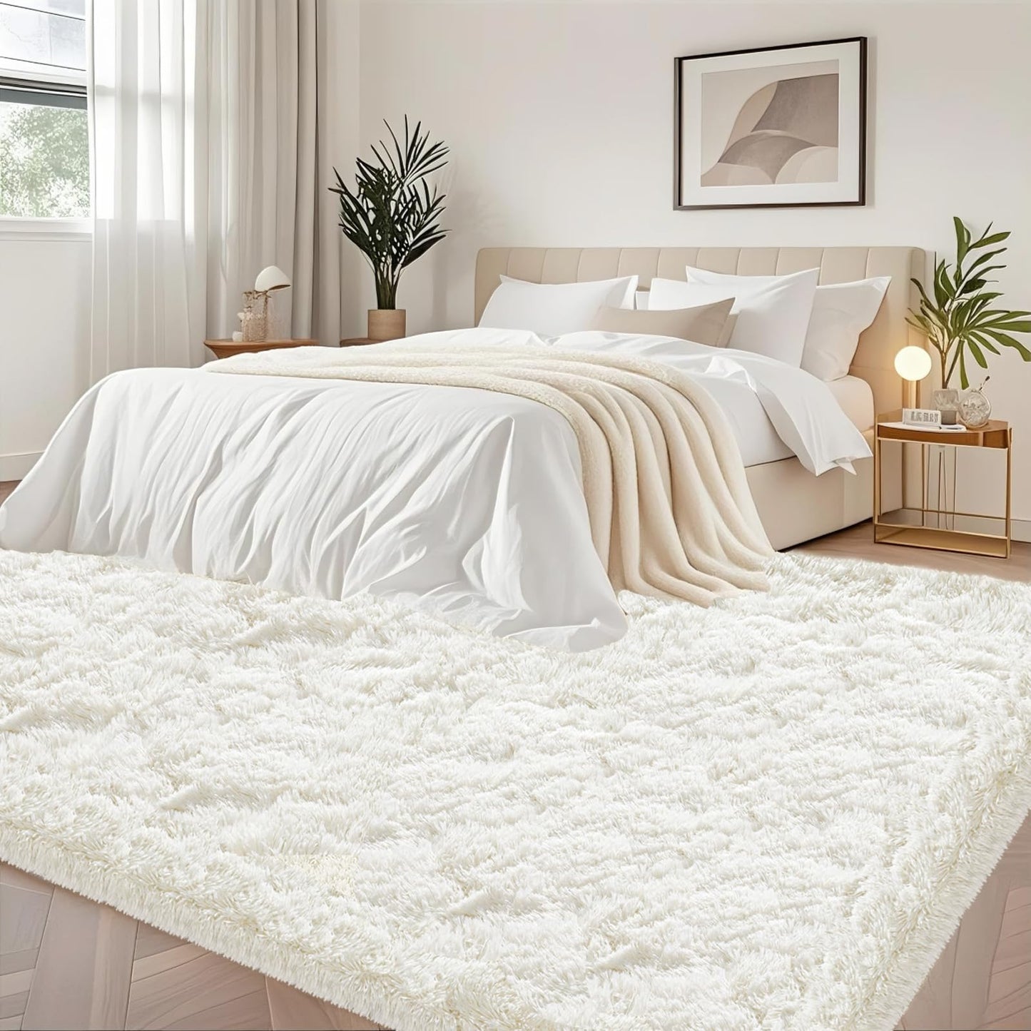 High Pile Living Room Rug, 140 x 200 cm, Cream Fuzzy Shaggy Fluffy Rug for Bedroom Rugs, Modern Plush Living Room Rug, Bed Rug, High-Pile Carpet, Non-Slip for Children's Room
