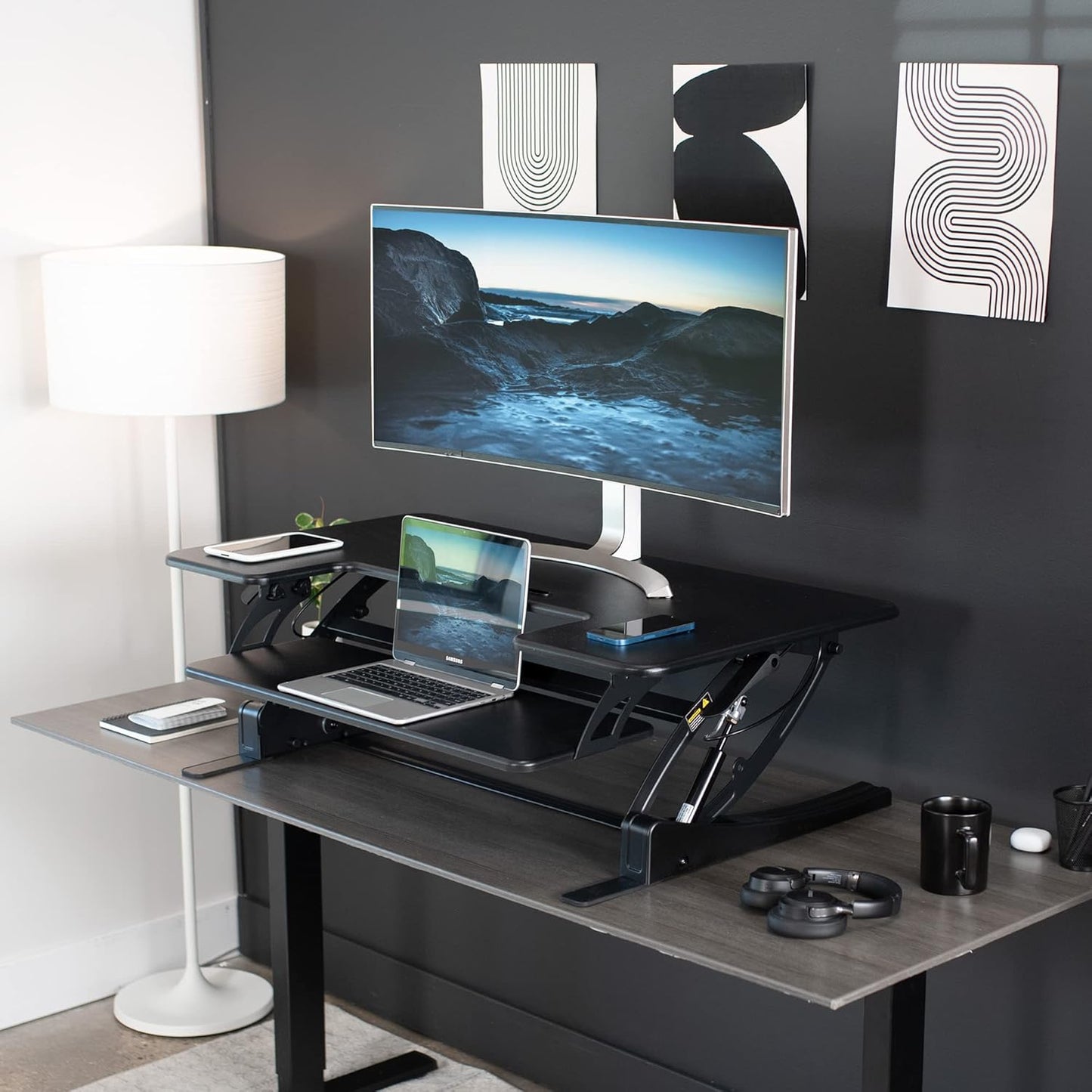 VIVO Black Height Adjustable 36 inch Stand up Desk Converter Quick Sit to Stand Tabletop Dual Monitor Riser, DESK-V000V