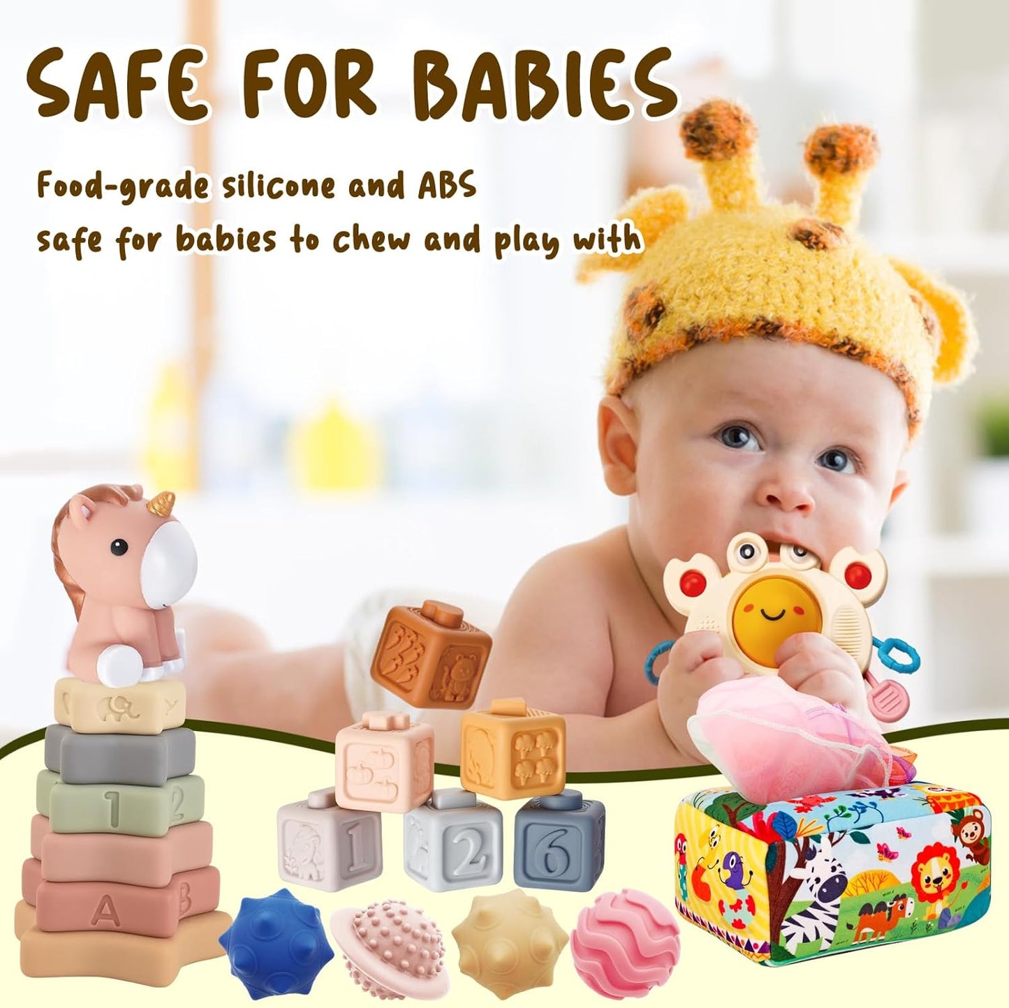 JOKSNK Montessori Spielzugug ab 1 Jahr, 5 In 1 Babyspielzeug, Gestapelter Turm, Tissue -Boxen, Gestapelte Spielzeuge, Squeeze BäLle, Geschenk FüR Jungen Und MäDchen Von 6 9 12 Monaten 1 2 3 Jahre