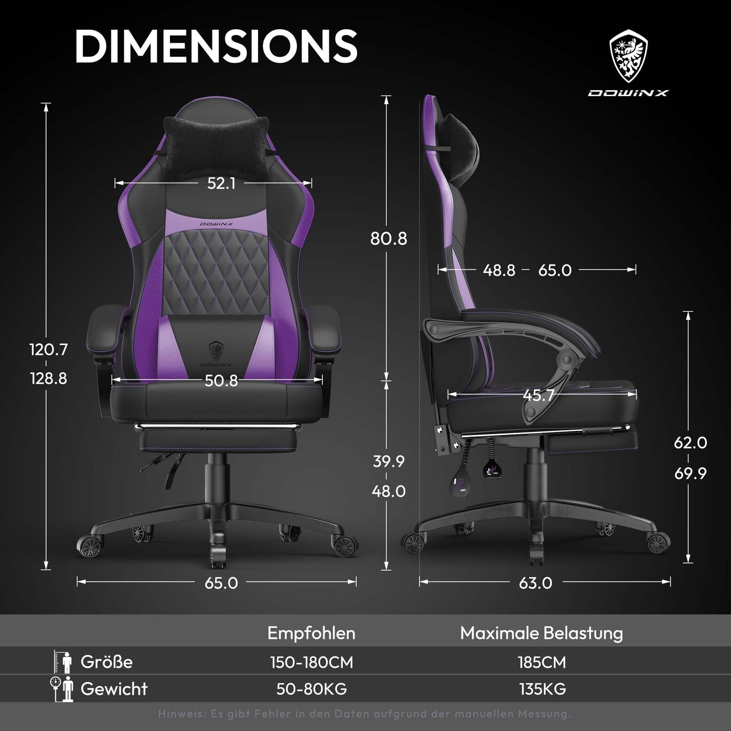Dowinx Gaming Chair, Racing Gamer Chair, Ergonomic Gaming Chair with Lumbar Support, Gaming Chair, PU Leather, 150 kg, Black Purple