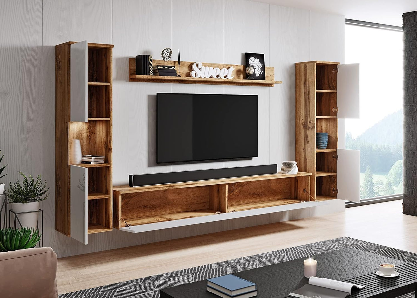 MINIO go for it - Parma XL Wall Unit, 4-Piece Set, with LED Lighting, Hanging or Standing, 2 x Highboard, Lowboard, Wall Board, Laminated Chipboard, Colour: Wotan Oak