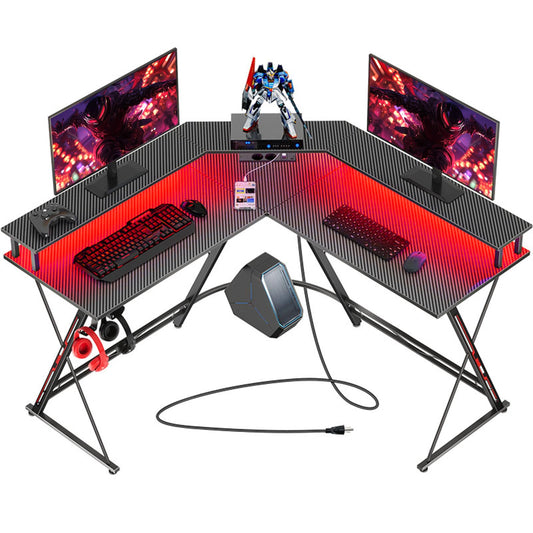 SEVEN WARRIOR Gaming Table L Shape, Gaming Desk with Socket, LED, Monitor Stand & 2 Hooks, Corner Desk with Carbon Fibre Surface, PC Computer Desk for Bedroom (127 x 127 cm)