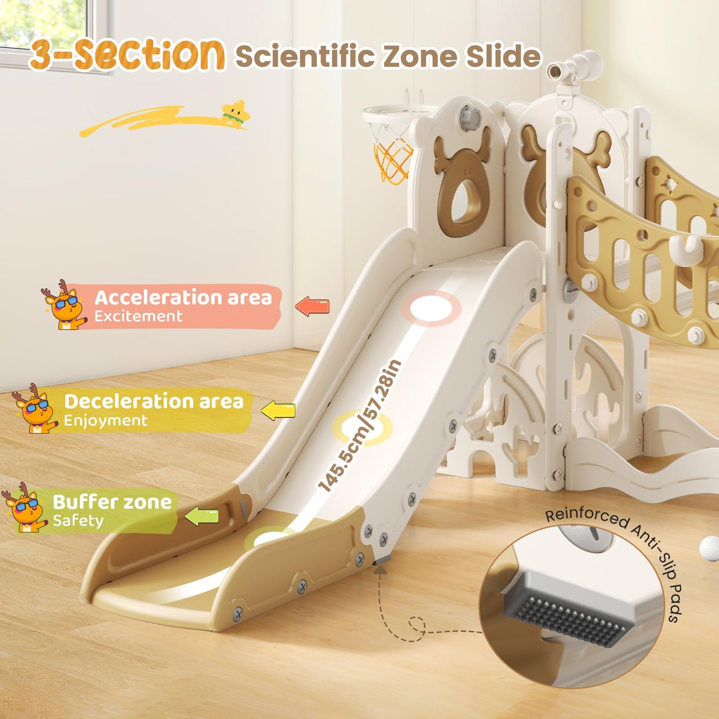 Krovtoy Kleinkindrutsche mit Weihnachtselch-Motiv, freistehende Kleinkindrutsche mit Golf-Set, Babyrutsche, Spielplatzgerät, für den Innen- und Außenbereich (Grau Beige - 6 in 1)