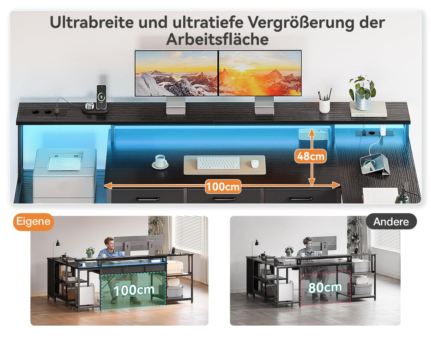 Coleshome Gaming Tisch mit 7 Schubladen & Großzügigem Stauraum, Eckschreibtisch mit RGB LED, Reversibler Schreibtisch L Form mit 2 Steckdosen, Ideal für Büro & Gaming, 179.5×135.5cm, Weiß