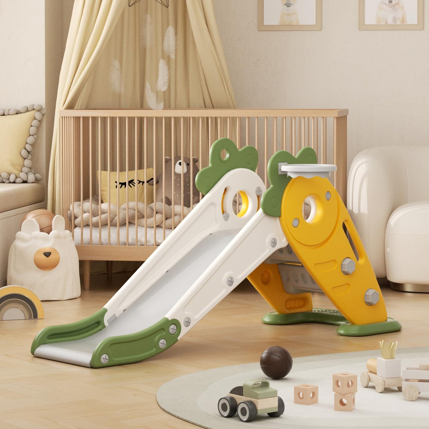 Rutsche mit Klettergerüst für Kinder: Indoor Spielplatz mit - Aufbewahrungsbox Tunnel Treppenleiter Basketballkorb und Durchgangsbereich Gartenrutsche (Star Set-G-Brown)