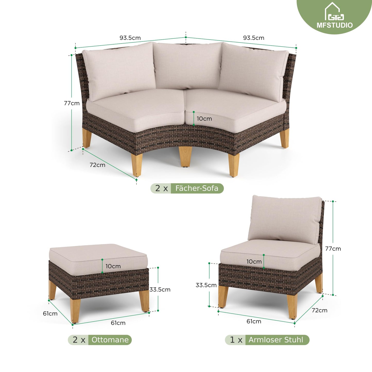 MFSTUDIO Polyrattan Lounge Set, Aktualisierte Rippen, 20% Dicker als Andere, Cushion PRO Fabric Wasserdicht, Leicht zu Reinigen. Gartenmöbel Wetterfest, Sitzgruppe für Garten.