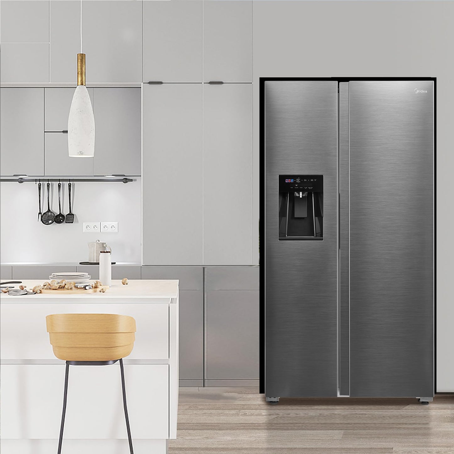 Midea KS-DDX 6.32 WT Side-by-Side Kühl-/Gefrierkombination/ 178,8 cm Höhe/ 254 kWh/Jahr/No Frost/Dual Inverter Compressor/mit 3in1 Wasser-/Eisspender und Wassertank, Dark Inox