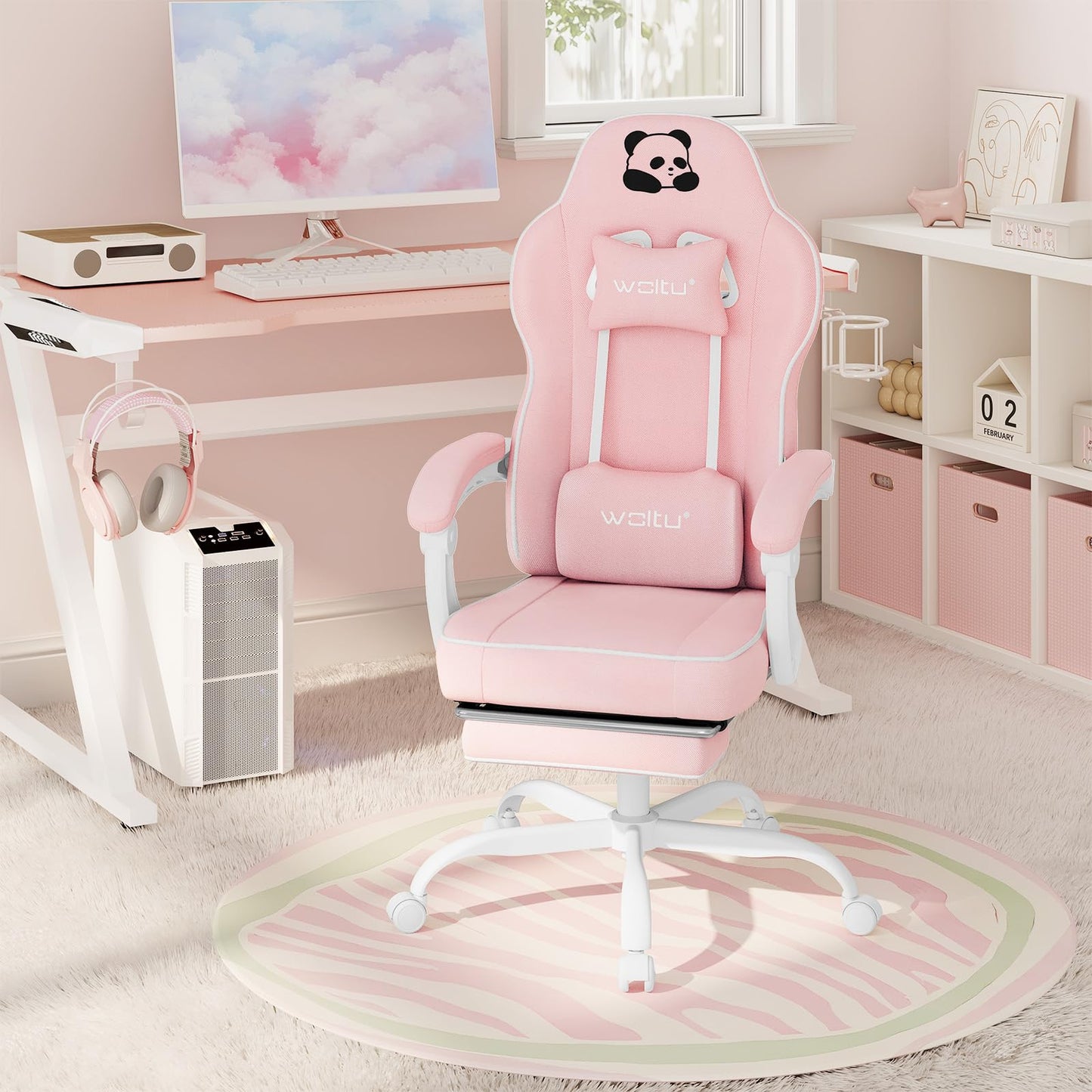 WOLTU Gaming Chair with Pocket Spring Cushion, 150 kg Weight Capacity, Ergonomic Swivel Chair, with Pillow, Lumbar Cushion, Footrest, Mesh, Pink, GS16rs