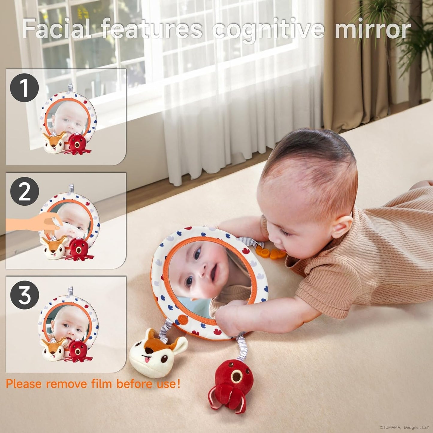 TUMAMA KIDS Baby Spielzeug mit Rassel, Spiegel, Knistertuch Buch, Sensorik Spielzeug für Kinderwagen, Kinderbett, Autositz und Bauchlage, Baby Geschenk Mädchen Junge 0-12 Monate