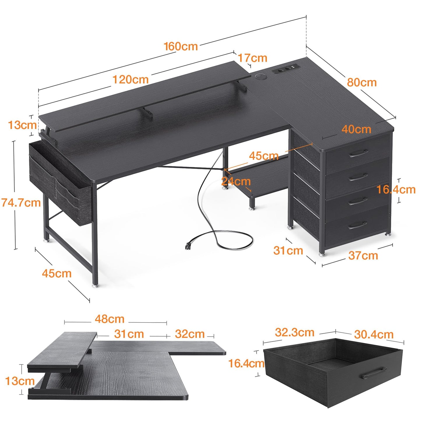 ODK Corner Desk with 4 Fabric Drawers, 140 x 80 cm, Desk L Shape Reversible with USB Charging Port and Socket, L Shaped Desk with Monitor Shelf for Home Office, White