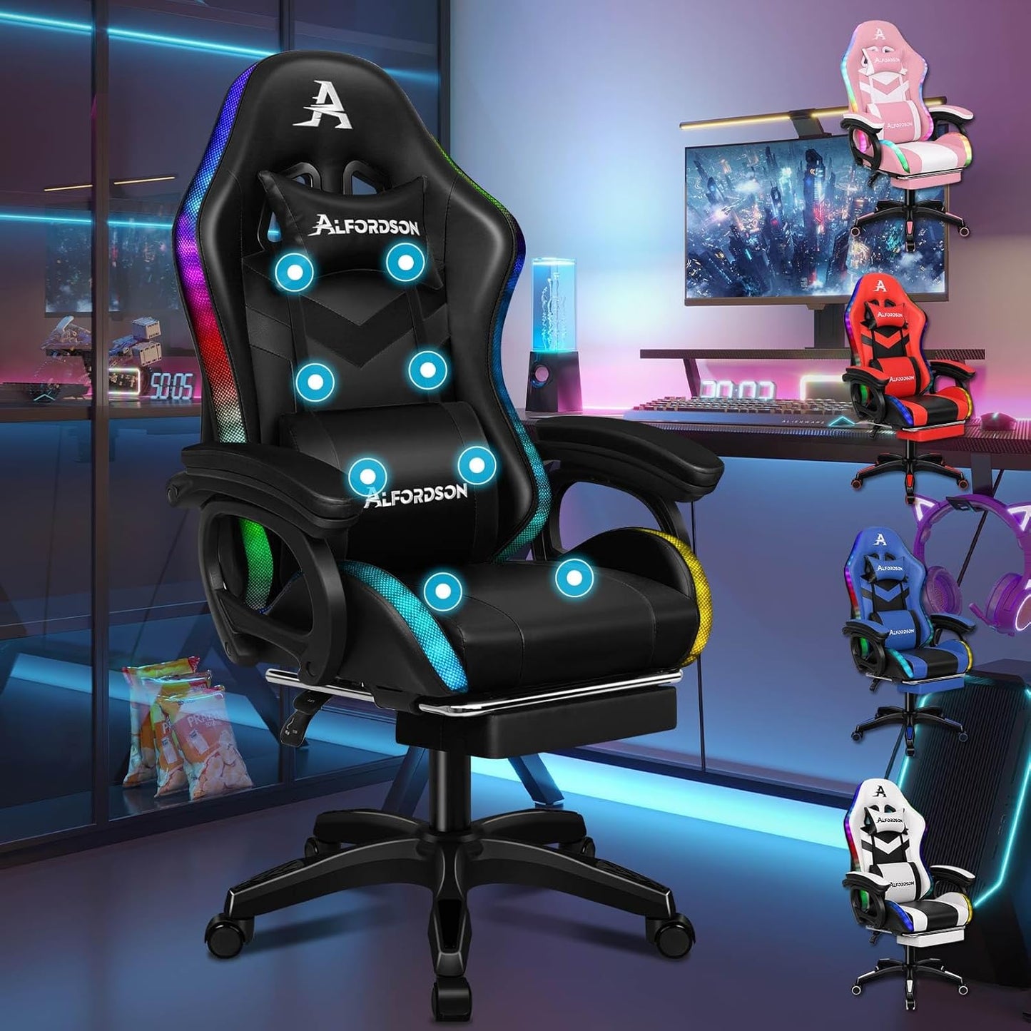 ALFORDSON Racing Gaming Stuhl, Massage Gamer Stuhl mit 12 LED Farben RGB Beleuchtung, Ergonomischer Sessel mit Lordosenstütze, Liegestuhl mit Fußstütze, PU Leder, Schwarz