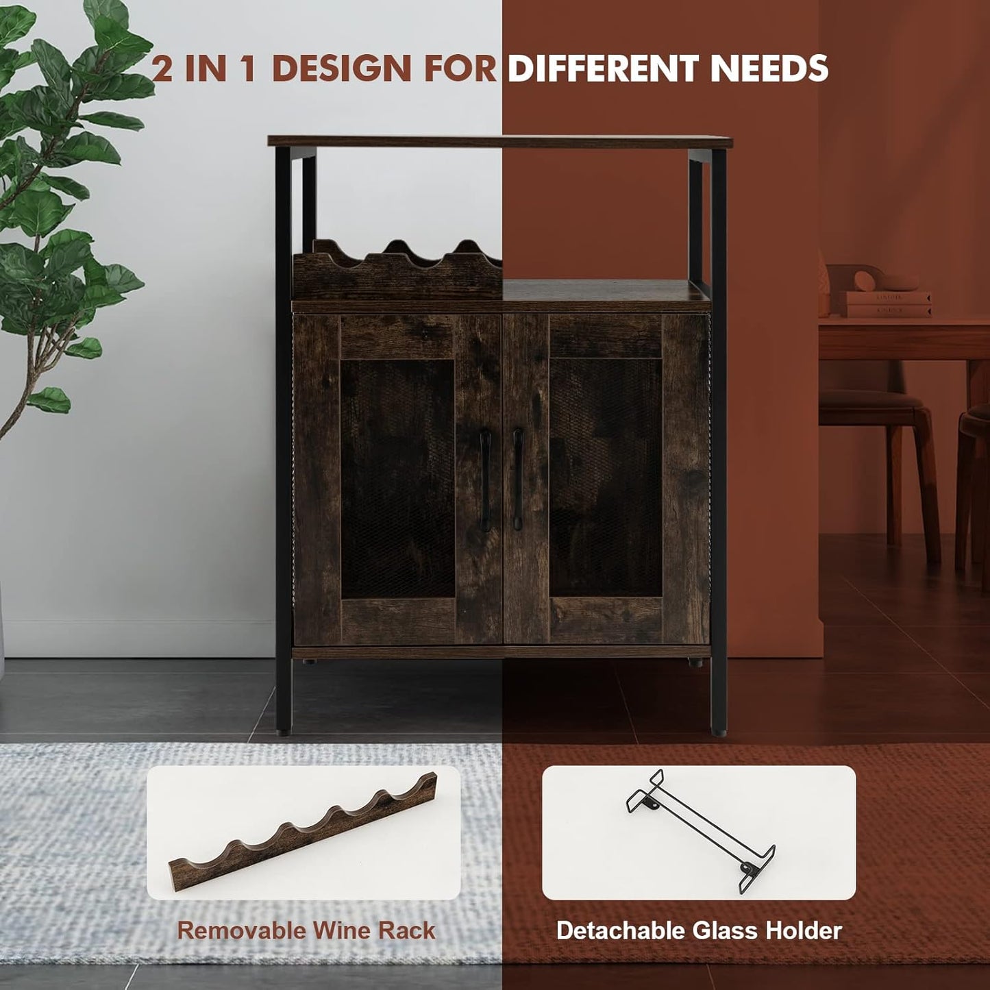 GIANTEX Weinschrank Barschrank Industrial, Weinbarschrank mit abnehmbarem Weinregal & 6 Glashalter, Küche Hausbar Küchenschrank mit Metallgittertüren, Sideboard Flaschenständer Weinständer 60x34x79cm