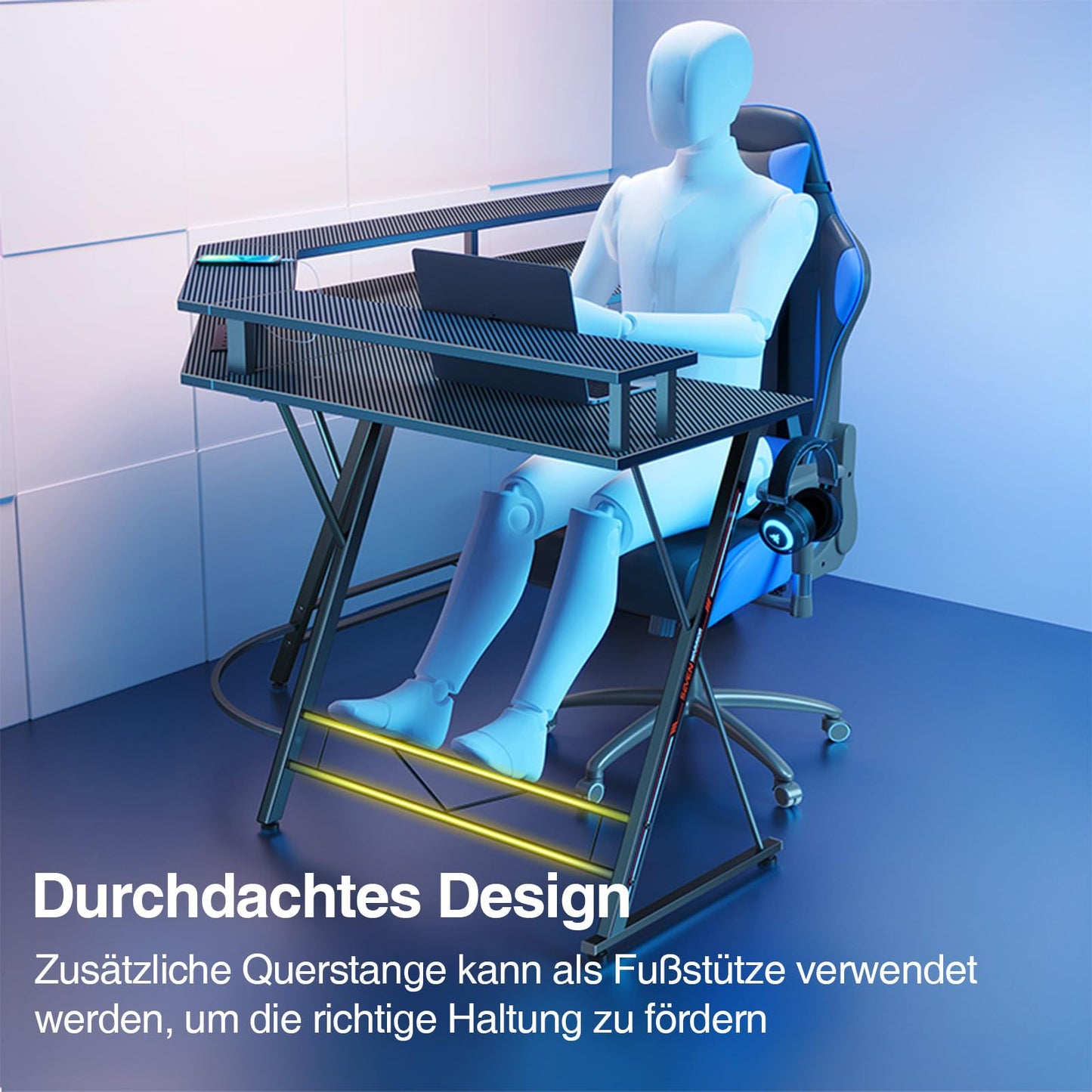SEVEN WARRIOR Gaming Table L Shape, Gaming Desk with Socket, LED, Monitor Stand & 2 Hooks, Corner Desk with Carbon Fibre Surface, PC Computer Desk for Bedroom (127 x 127 cm)