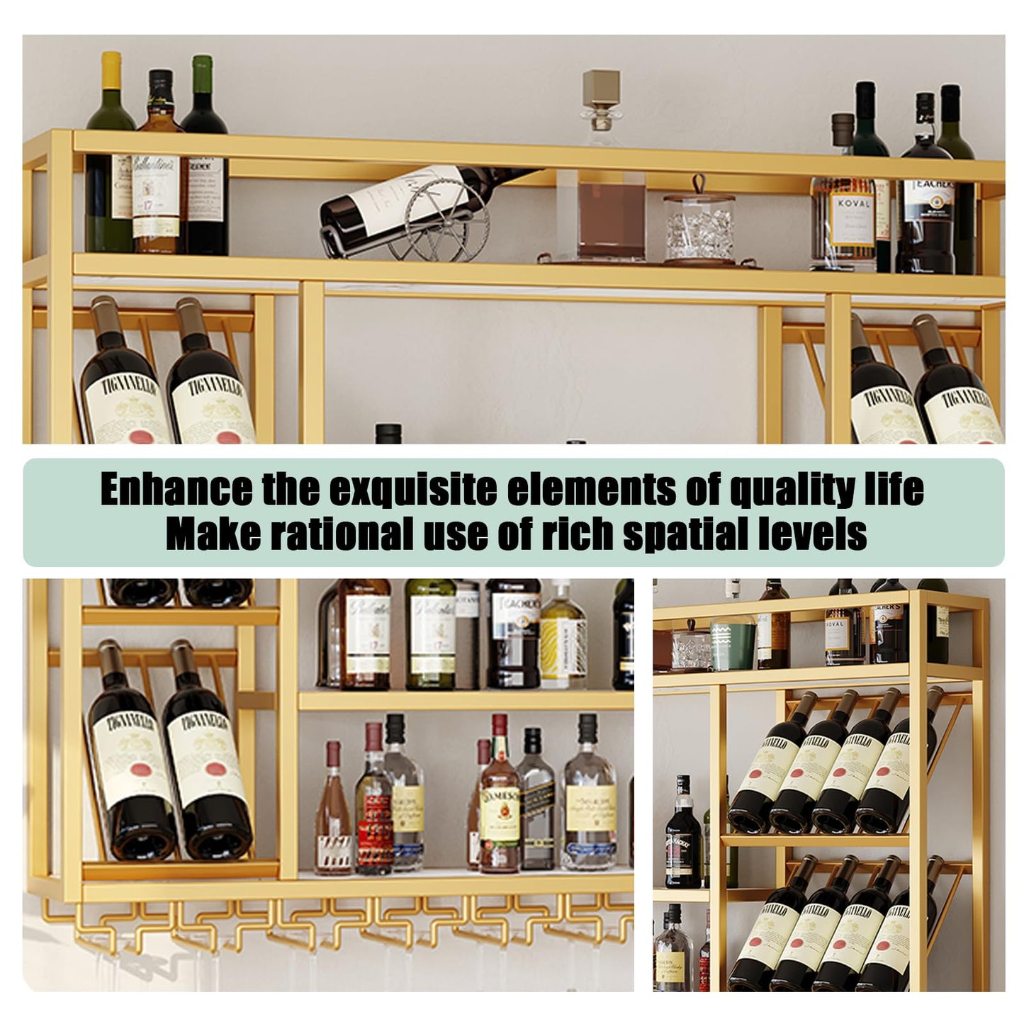 amhricho Wandweinregal Metall, Industrielles Wandmontierte Weinregal mit Glashalter, Schwebendes Regal für Bareinheiten, für Zuhause, Restaurant, Bar (Black, 80 * 25 * 70CM)