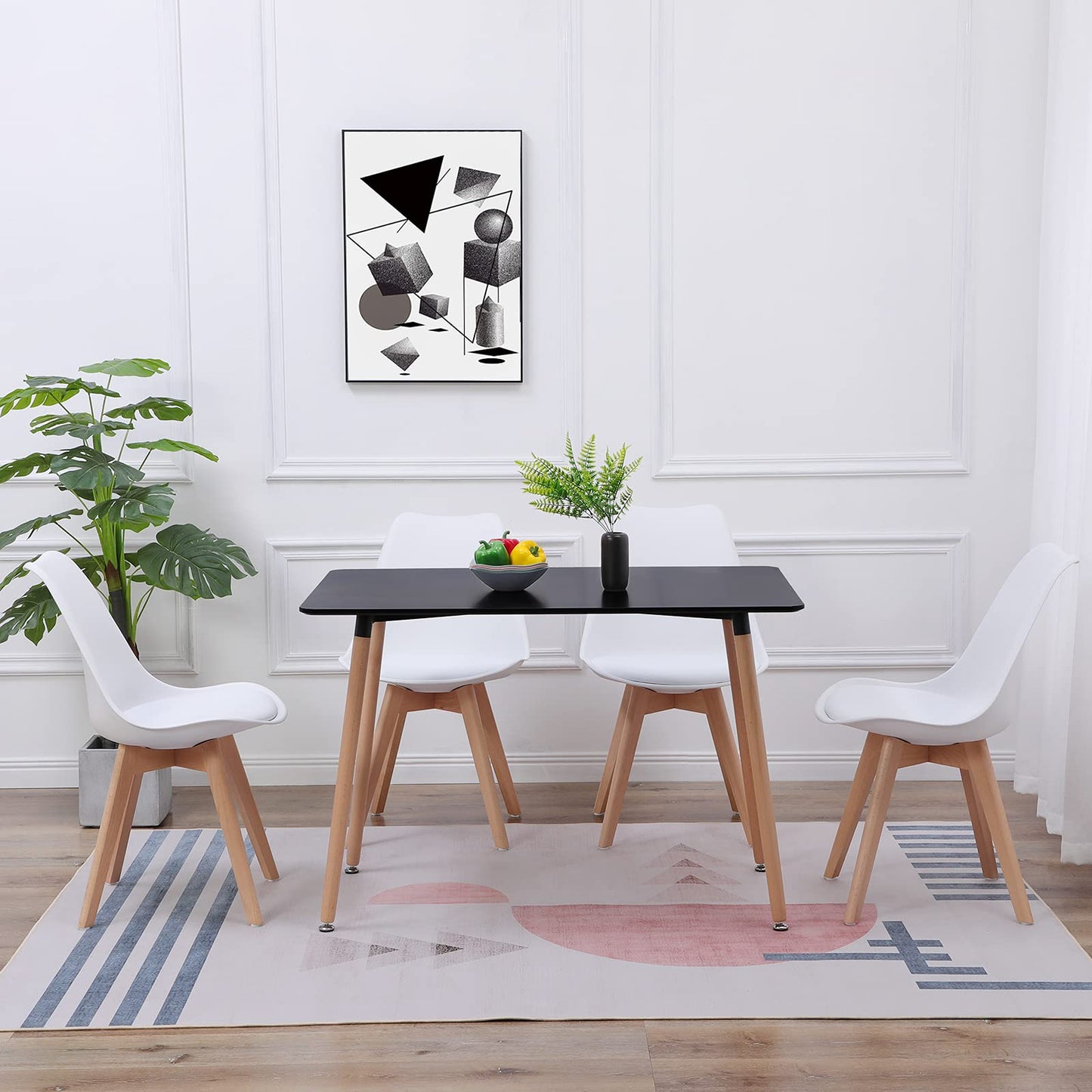 H.J WeDoo Esszimmergruppe mit 4 Essstühlen, Rechteckig Esstisch und Stühle für Esszimmer, Küche, Wohnzimmer, Weißer Esstisch und Graue Stühle