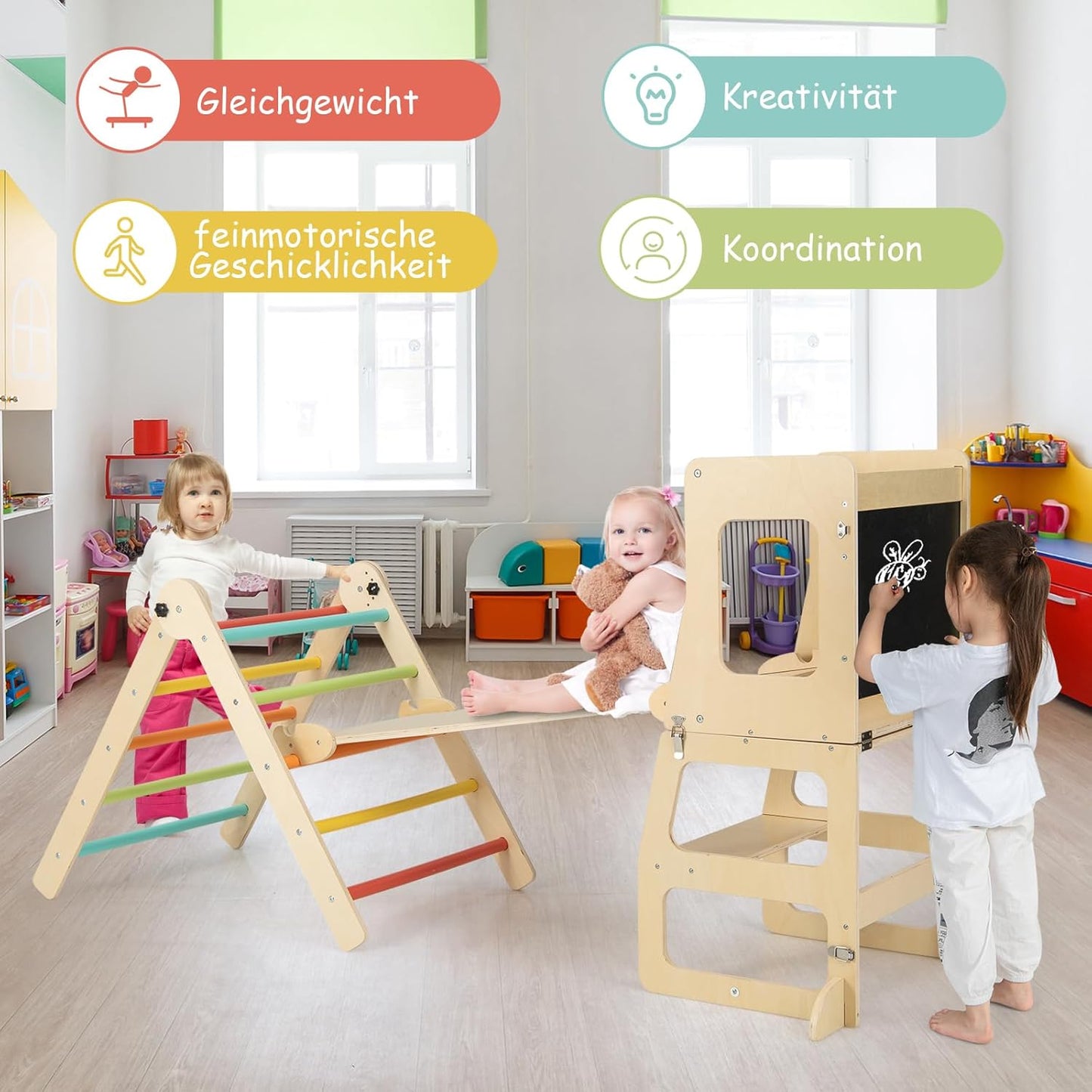 GOPLUS 7-in-1 Climbing Triangle Children, Foldable Climbing Set with Double-Sided Ramp, Convertible Step Aid & Board, Table & Chair Set, Montessori Gymnastics Toy for Children 3-14 Years Old