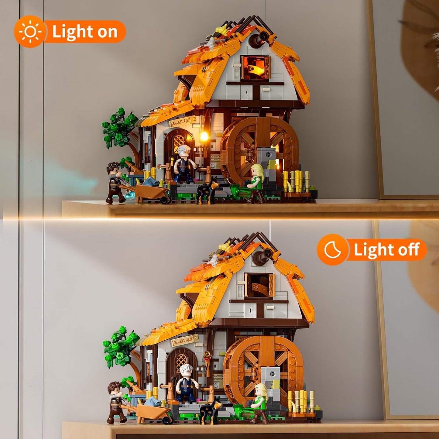 FUNWHOLE Mittelalter-Mühle Beleuchtungsstein-Set – Bewegliche Mühle mit Wasserad und Beleuchtung, 1278 Teile, Sammlerstück für Mittelalter-Fans